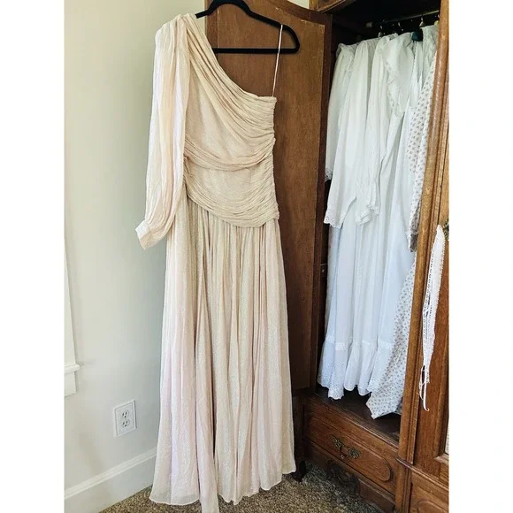 BHLDN One-Shoulder Maxi Dress Formal Gown Ruched Pink‎ Sparkle Size 4 - Picture 9 of 11